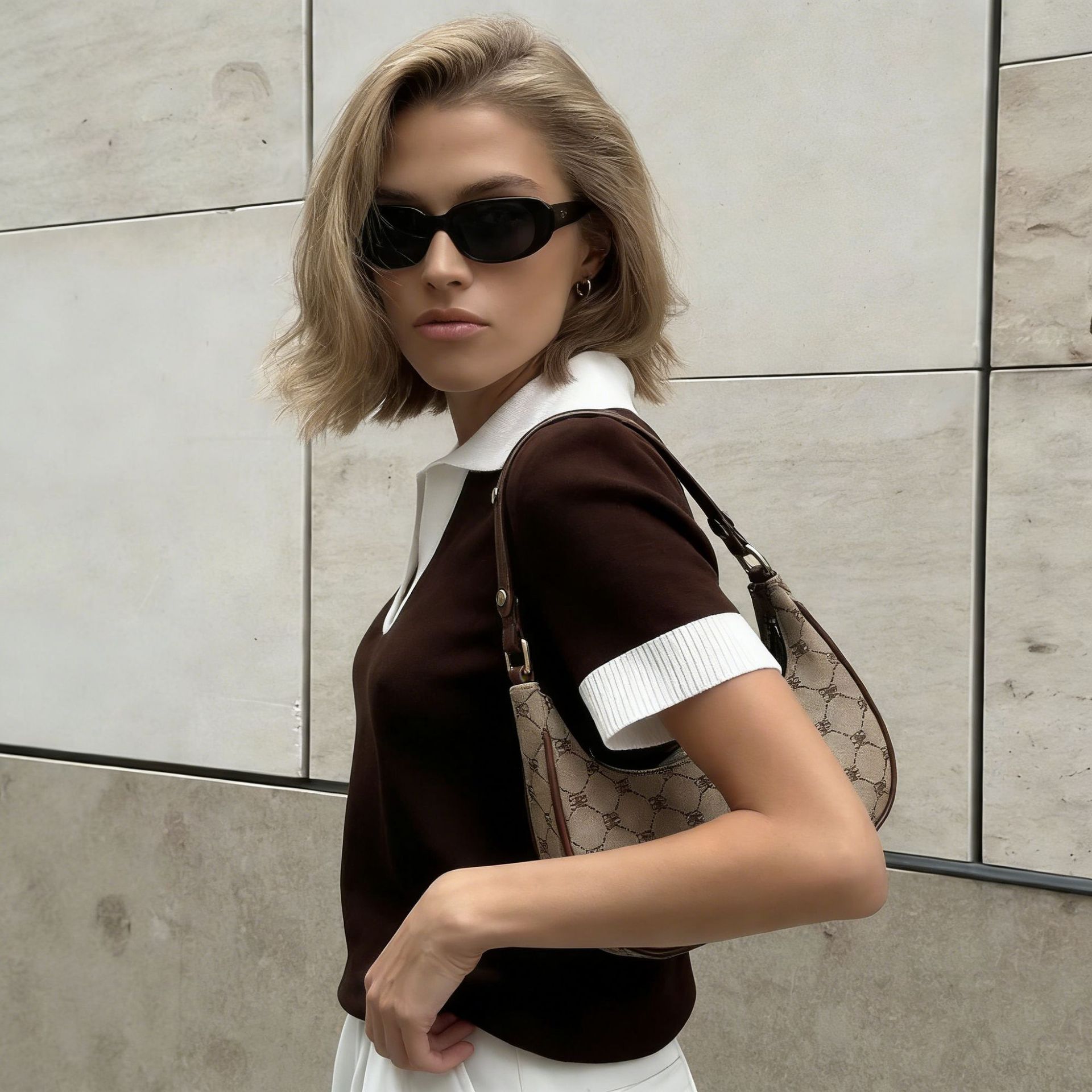 Women's Knitted Cropped Top Color Block Lapel Short-Sleeved Summer Elegant Commuter_voghion.com