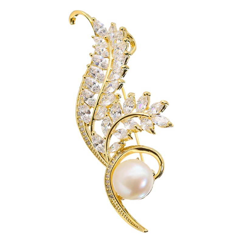 Exquisito broche de perlas naturales espigas de trigo diamante pin anti-luz ramillete atmósfera simple Joker hembra
