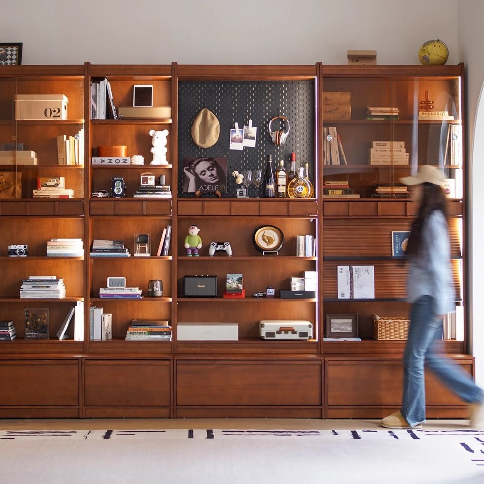 Nordic Solid Wood Bookcase Home Living Room Whole Wall Floor Stand Bookcase Study Vintage Glass Door Storage Display Cabinet