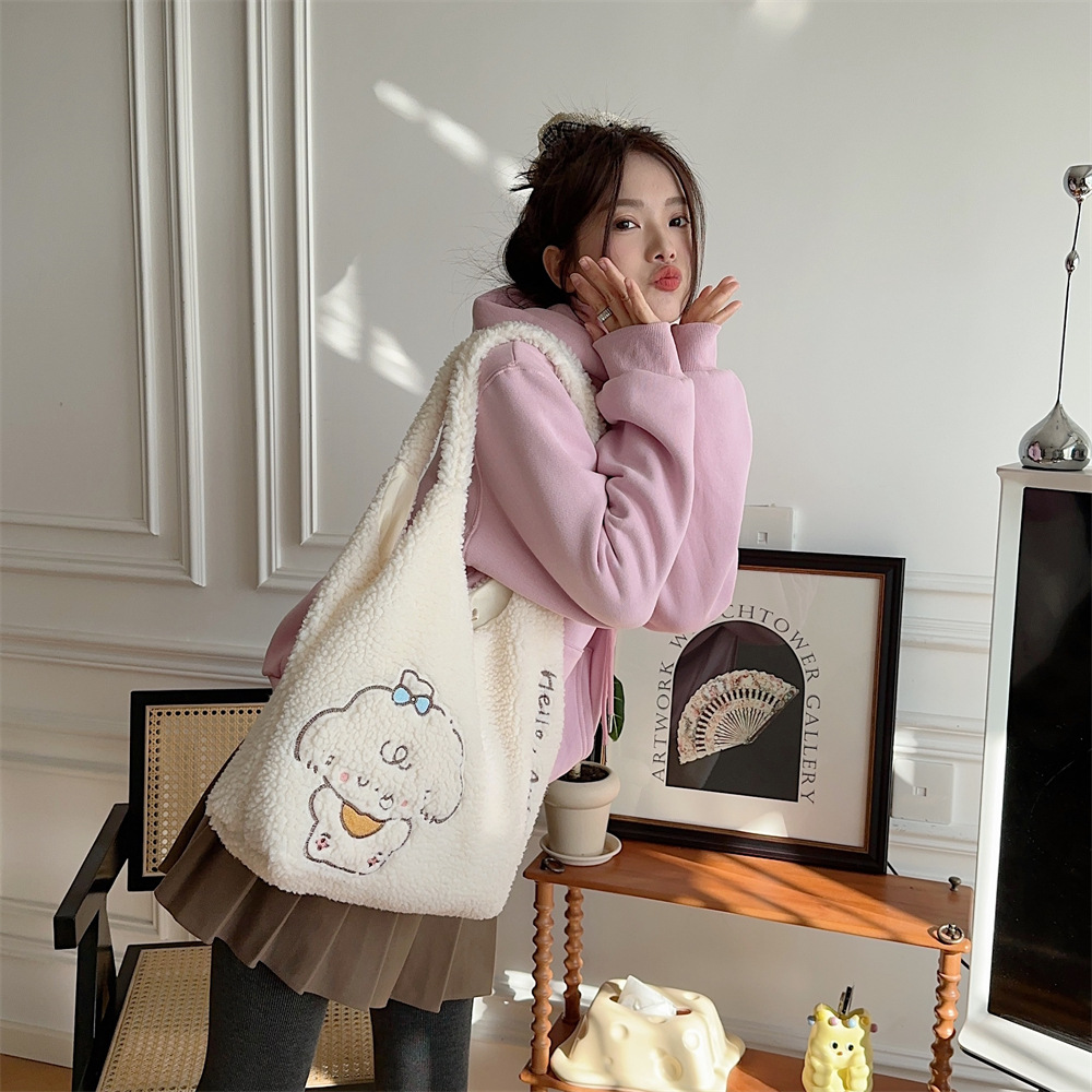 312201 Korean version ins Autumn/Winter Collection, fluffy single-shoulder bag, cute female dog embroidered large capacity tote bag undefined