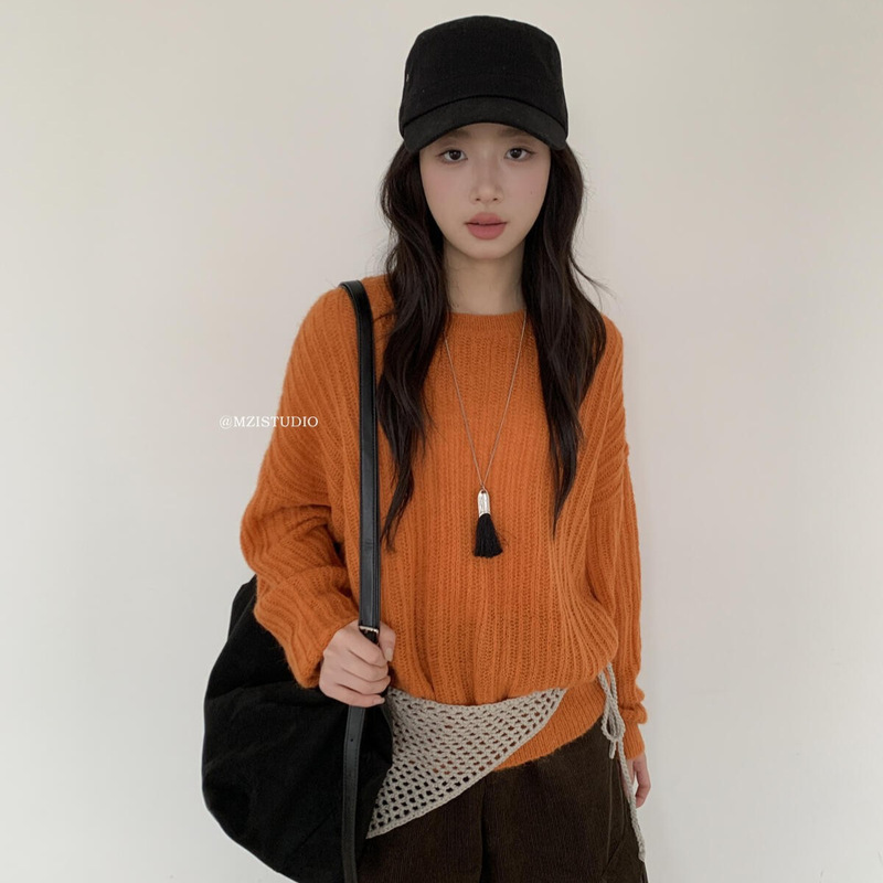 Mzi Studio-Autumn and Winter Women's Korean-Style Minimalist Style Hollow-Out Loose-Fitting Slimming Versatile Round-Neck Sweater for Women Mzi Studio-Autumn and Winter Women's Korean-Style Minimalist Style Hollow-Out Loose-Fitting Slimming Versatile Round-Neck Sweater for Women