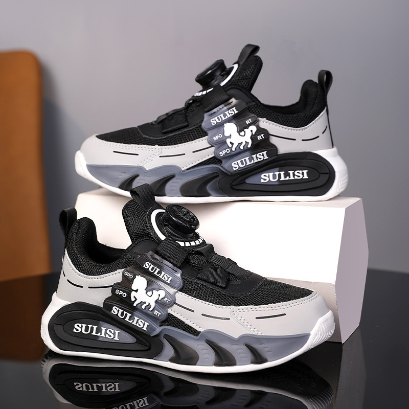 Zapatos giratorios con botones, malla, zapatos deportivos para niños de moda transpirables, 2025 nuevos zapatos para correr para niños, cabello lacio de fábrica