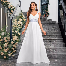 新款纯色亮片吊带V领欧美优雅露背修身雪纺宴会晚礼服