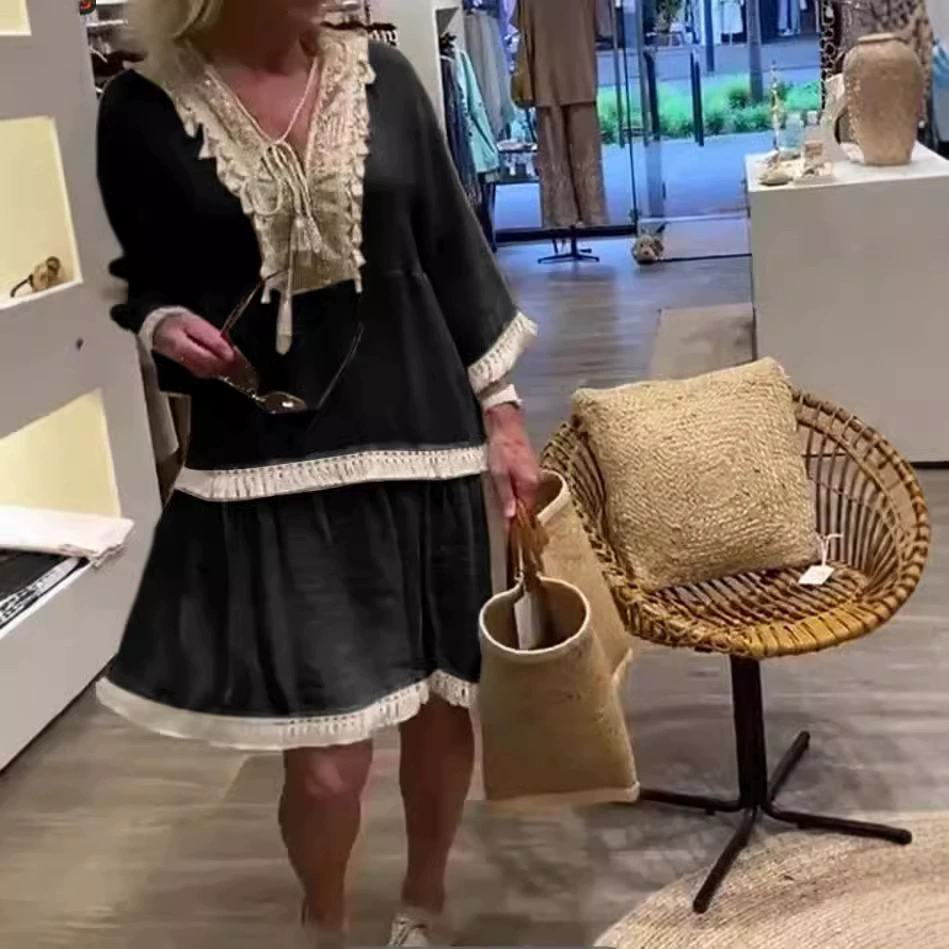 2024 Женская Amazon трансграничный новый французский кружевное платье с V-образным вырезом осенью оптом 0