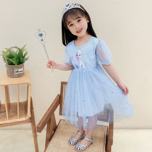 Children's Girls Dress Summer 2024 New Elsa Princess Dress Elsa Princess Dress Short Sleeve Puff Dress Performance Costume