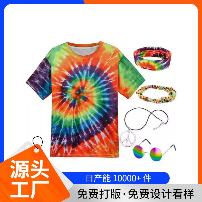 European and American fashion trend hippie clothing men's women 60 s 70 s colorful T-shirt