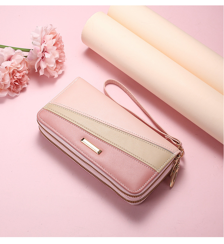 Long Wallet Bags Type Daily Occasion Pu Leather Material Women's Color Block Pu Leather Zipper Wallets