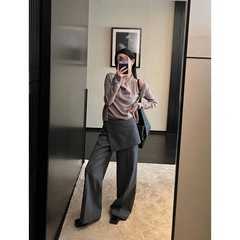 欧陽風ツーピース風カジュアルパンツ レディース 春 レイヤード風スカートパンツ ゆったりストレートパンツ ハイウエスト グレーパンツ