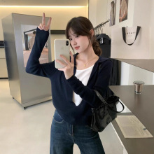 25秋冬精仿羊毛拼色翻领假两件针织打底衫女复古短款套头毛衣外穿
