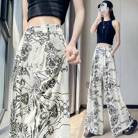 2025复古碎花亚麻阔腿裤女夏季宽松显瘦慵懒松弛感冰丝直筒拖地裤
