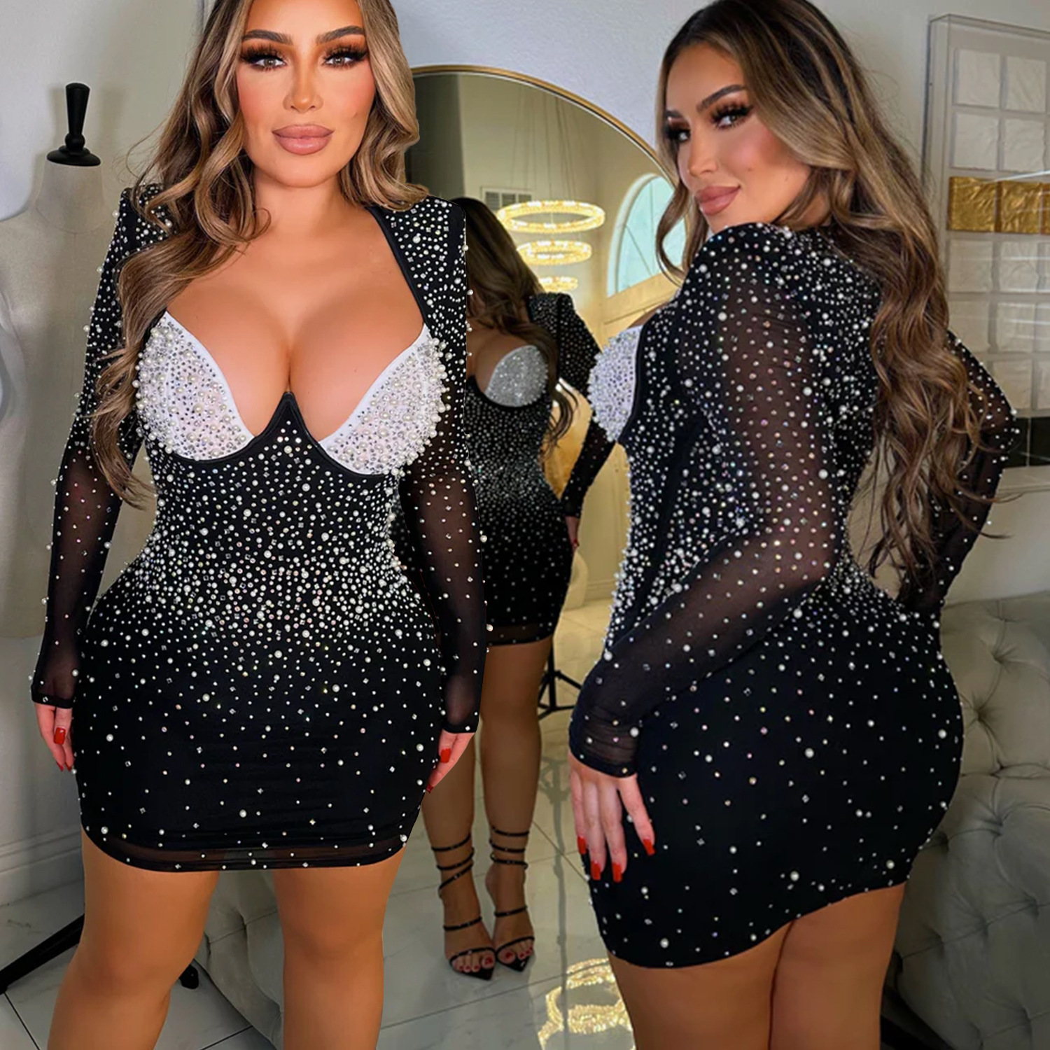 C6858 transfronteriza AliExpress Amazon de moda europea y americana de las mujeres de color sólido malla rhinestone Vestido de manga larga falda corta image 1