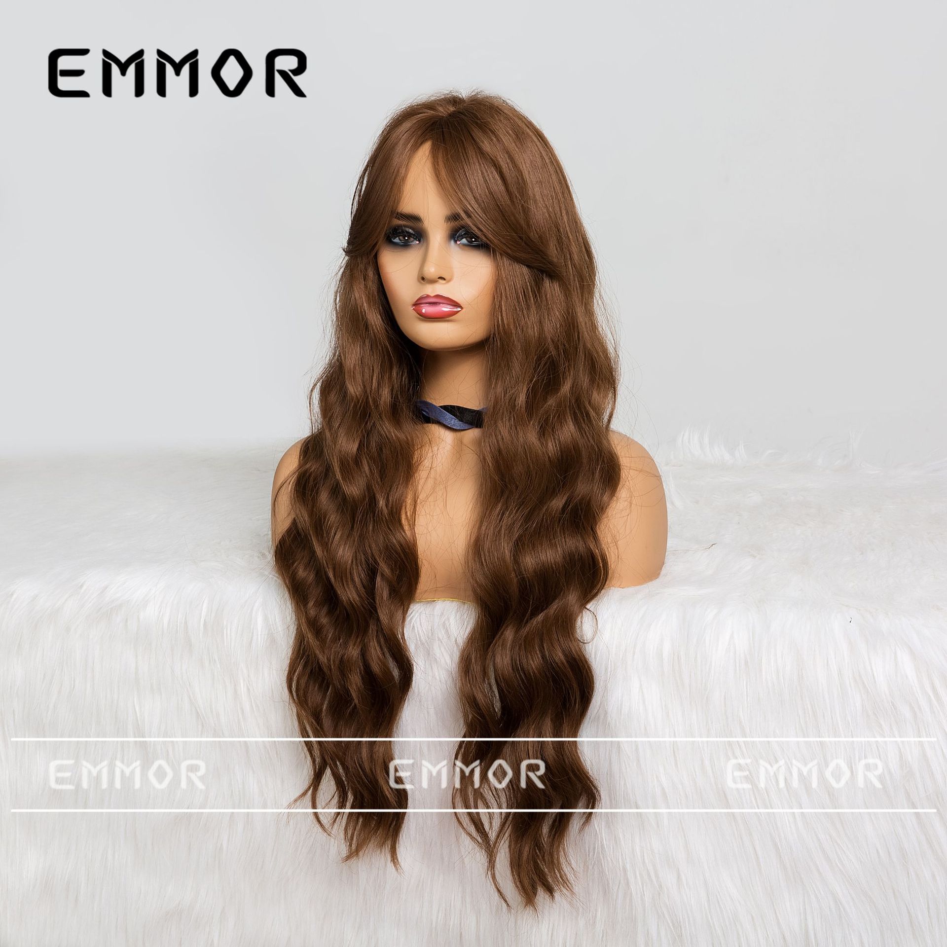 Emmor estilo europeo y americano Amazon Peluca de mujer de ocho caracteres Bangs Marrón largo pelo rizado onda grande Peluca de seda de alta temperatura