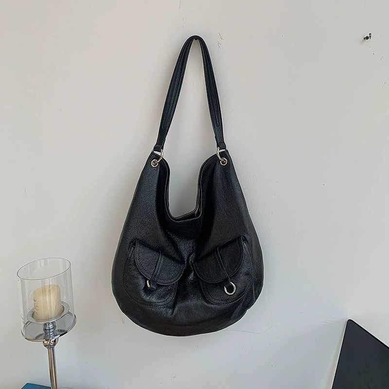 Spring shoulder bag, leather capacious one-shoulder bag, trend of season, cowhide, high-end