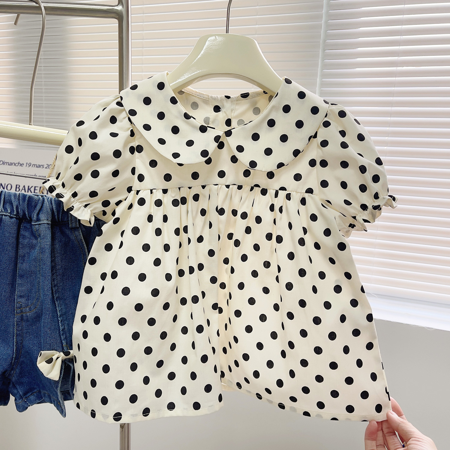 Mädchen Set Mit Polka Dot Bluse Und Jeansshorts Mit Schleife_voghion.com