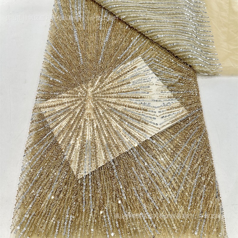 Tela de malla de lentejuelas lista para usar del fabricante, tela de encaje bordado, tela de moda para vestidos de alta costura con líneas tridimensionales