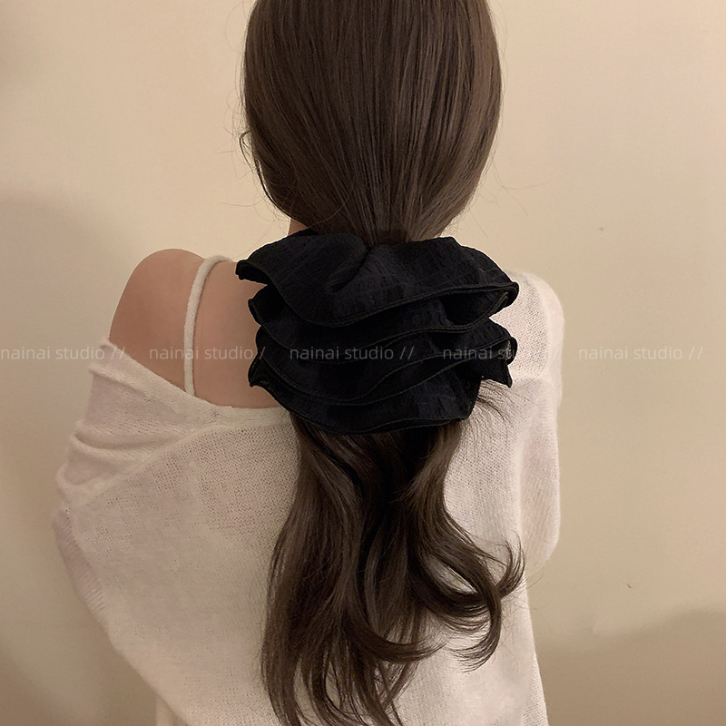 ¡4 pisos super grandes! Negro + blanco encaje plegado de alta sensación collar de cabello de intestino grande relajado francés coreano cuerda de cabello mujer