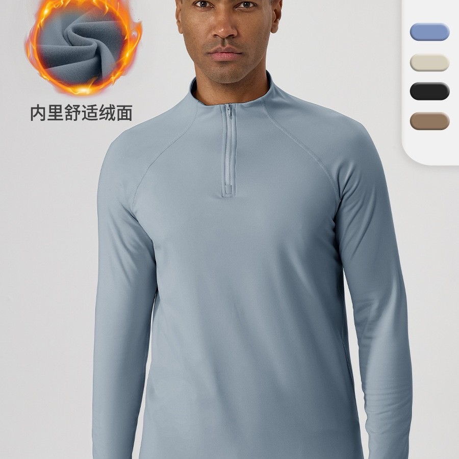 European and American men's autumn and winter fleece-lined half-zip long-sleeve thermal outdoor casual running cycling fitness training wear