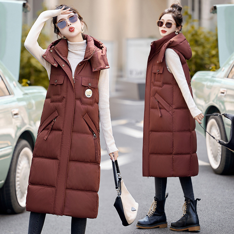 Cross-border Cotton Vest Women's Long 2024 Winter New Style Vertical Collar Removable Cap Adjustable Belt Over-knee Coat Cotton Horse Cross-border Cotton Vest Women's Long 2024 Winter New Style Vertical Collar Removable Cap Adjustable Belt Over-knee Coat Cotton Horse