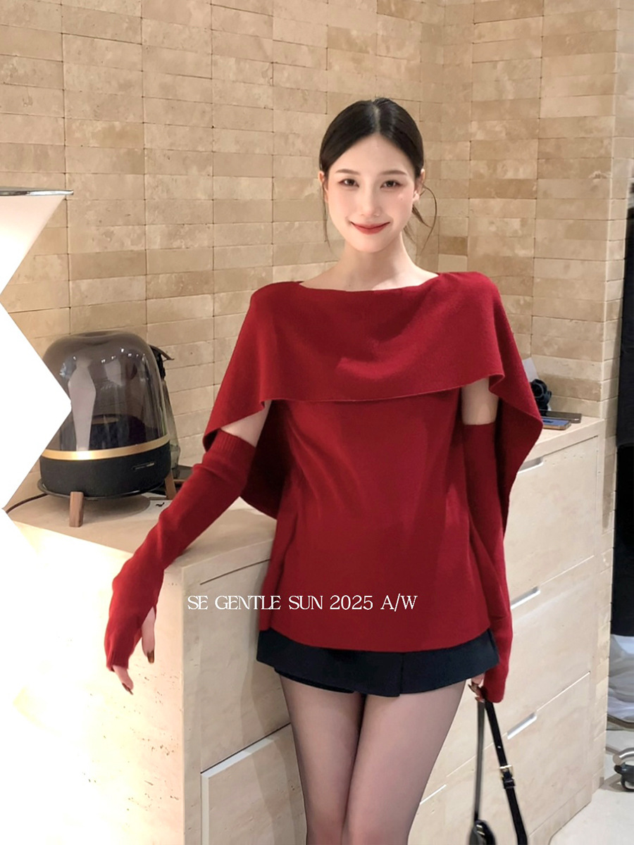 Elegant Round Neck Cape Design Base Layer Knit Sweater Top