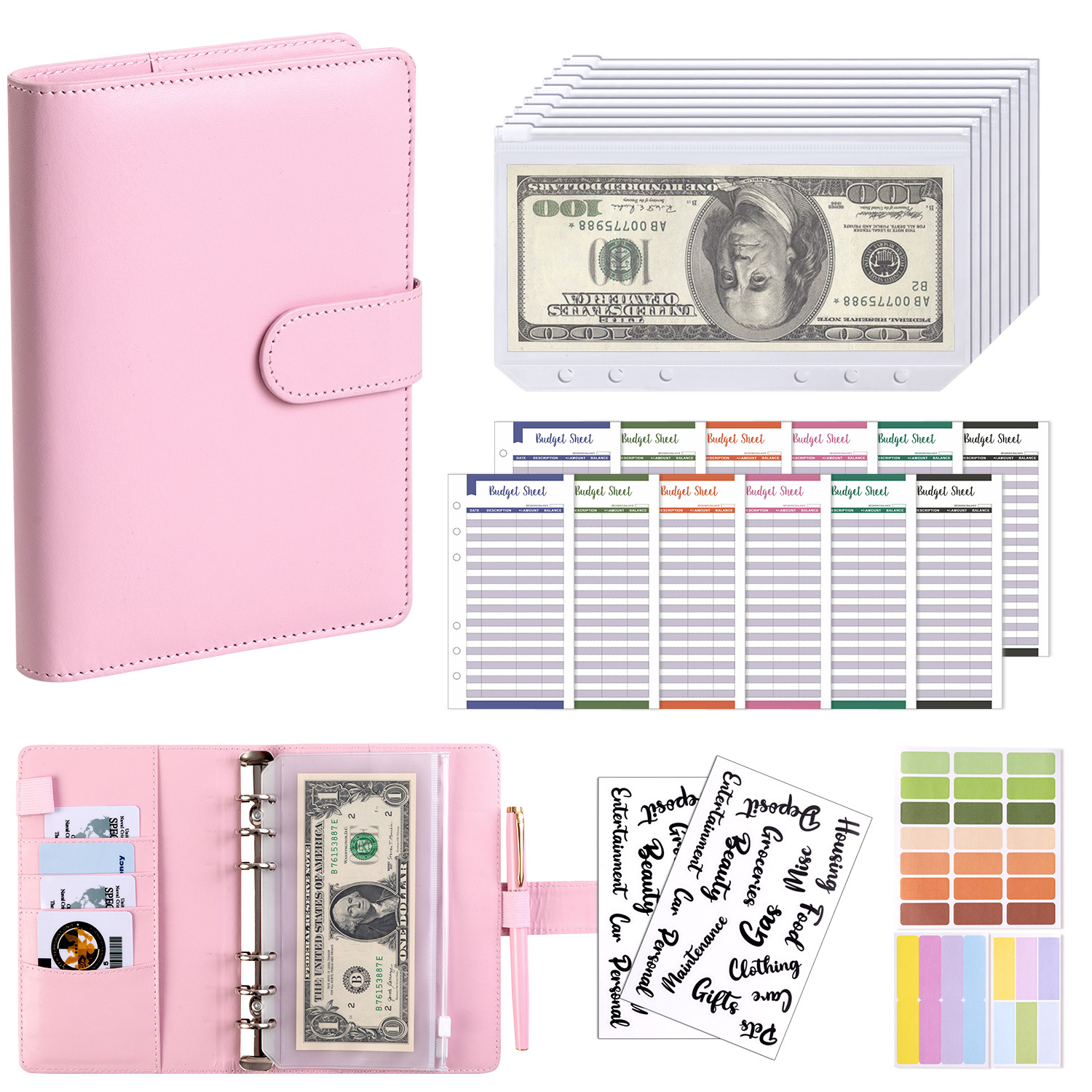 Presupuesto transfronterizo Cash Clip de hojas sueltas Bolsa con cremallera Sobres Libro de cuentas A6 Macarons PU Cuaderno de hojas sueltas de cuero