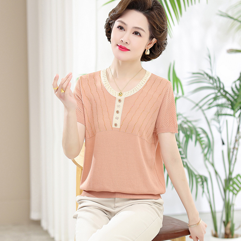 Middle-aged mother summer short-sleeved T-shirt ice silk round neck plastic waist top new plus size middle-aged western style sweater t