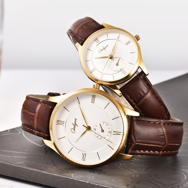 奥利妮时尚情侣表一对复古简约大表盘男士手表女防水皮带石英腕表