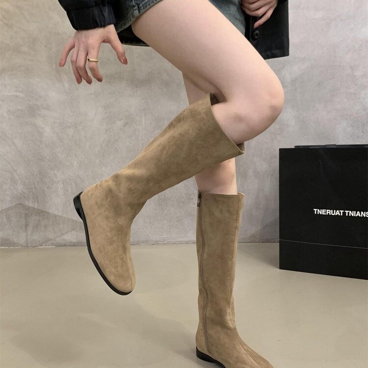 Soft Leather British Style 2025 Knight Boots Round Toe Thick Low Heel Autumn and Winter Slim Boots No More Than Knee Versatile Fashion Women's Boots