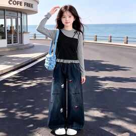 2026春秋季两件套女童韩范时尚潮流假两件长袖上衣甜美卡通牛仔裤
