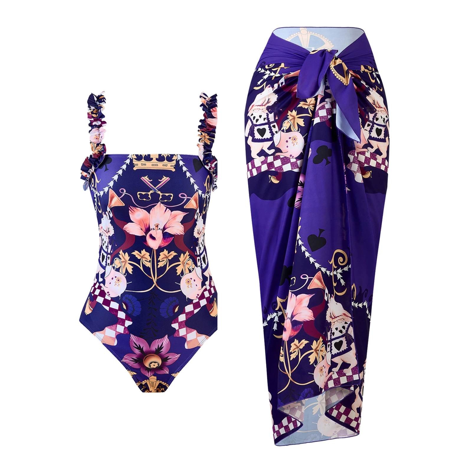 One-Piece Swimsuit (Qiao Jiayuan) 2025 Retro Style with Wrap Skirt, Crane Print, S–XL & One Size