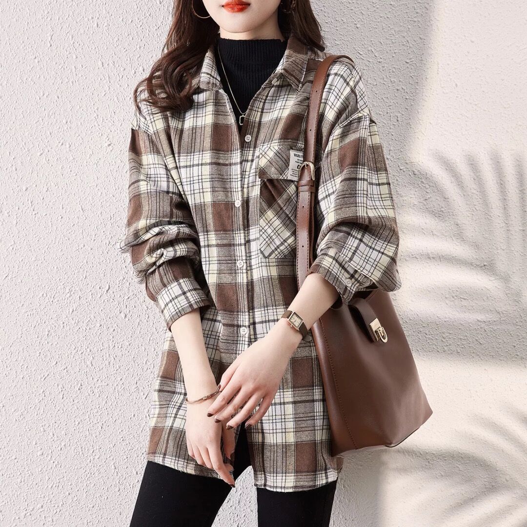 샌딩 플레이드 긴팔 셔츠 여성용 2022 가을 새 패션 한국 캐주얼 올 매치 플레이드 셔츠 아우터 로가