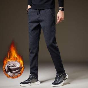 2023 new autumn and winter sanding fleece-lined casual pants small straight slim pants warm men's casual pants fashion generation
