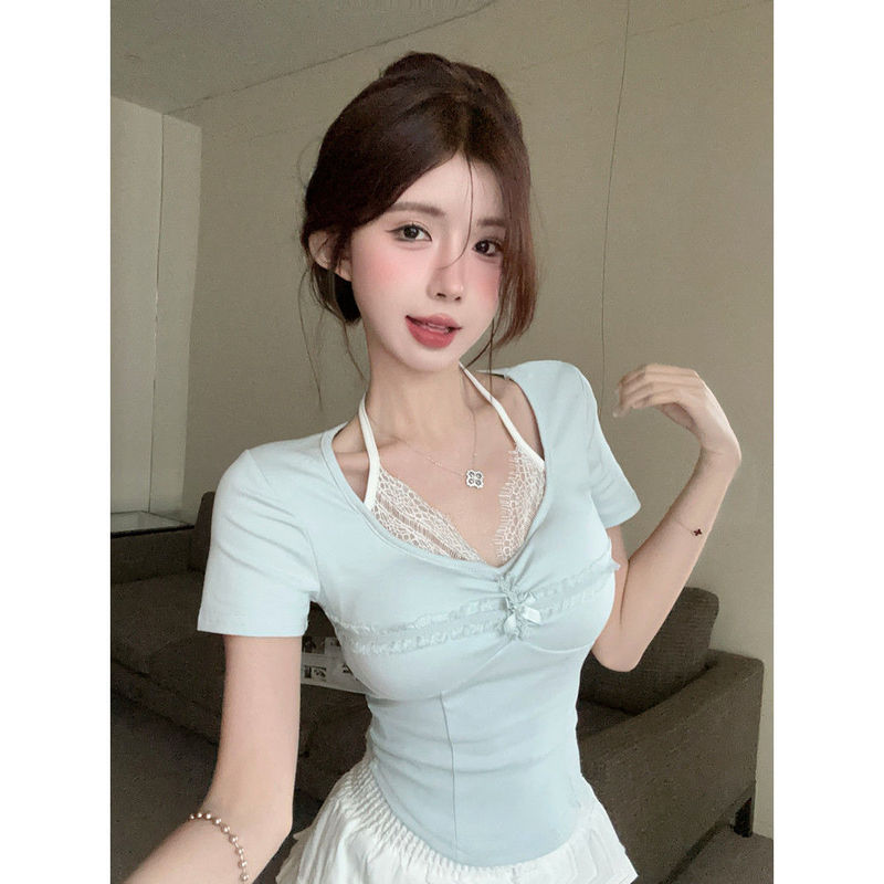 Summer Short-Sleeved T-Shirt for Women, Lace Fishbone Pure Desire Sweet Sexy Slimming Look Short Halterneck Chic and Beautiful Top