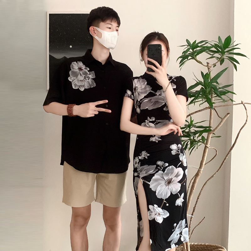 New Chinese Style Couple Dress Vintage National Fashion Printed Cheongsam High Split Design Bag Hip Pleated Waist dress Shirt