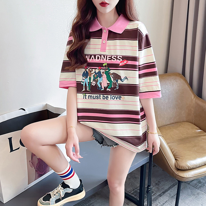 Half-sleeve T-shirt Women's Summer 2024 Korean Style Fun Printed Mid-length Lapel Top Loose plus size Women's Cross-border Hot