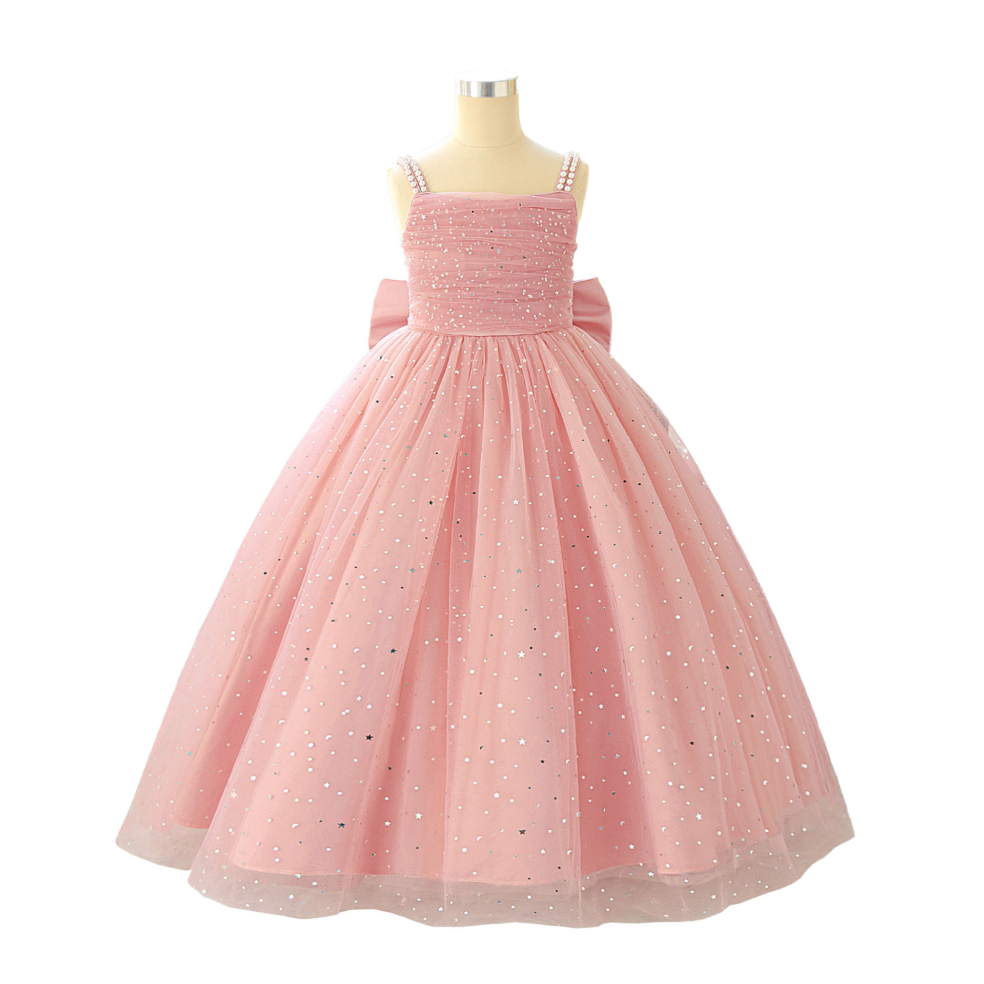 Vestido de niñas perlas esbellas esbellas de acero vestido de princesa gran arco vestido de niños vestido largo piano