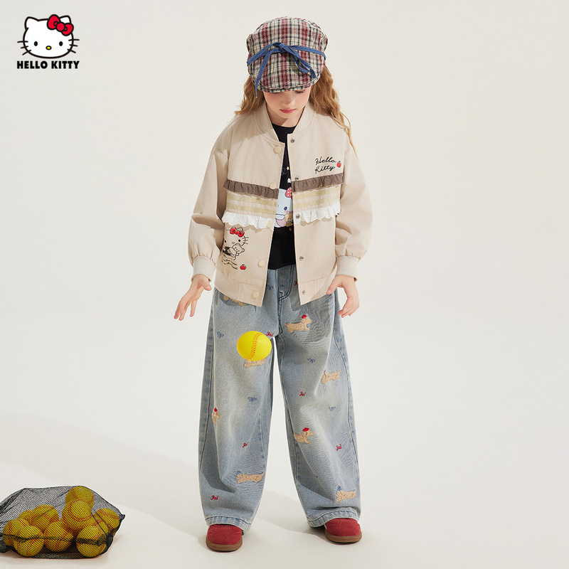 HelloKitty凯蒂猫女童秋季卡通复古花边棒球服2025新款小女孩外套|undefined