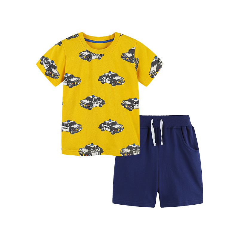 Conjunto de moda infantil estilo europeo y americano, 26 conjuntos de verano para niños, conjunto de manga corta con estampado de coches de dibujos animados, ropa infantil al por mayor.