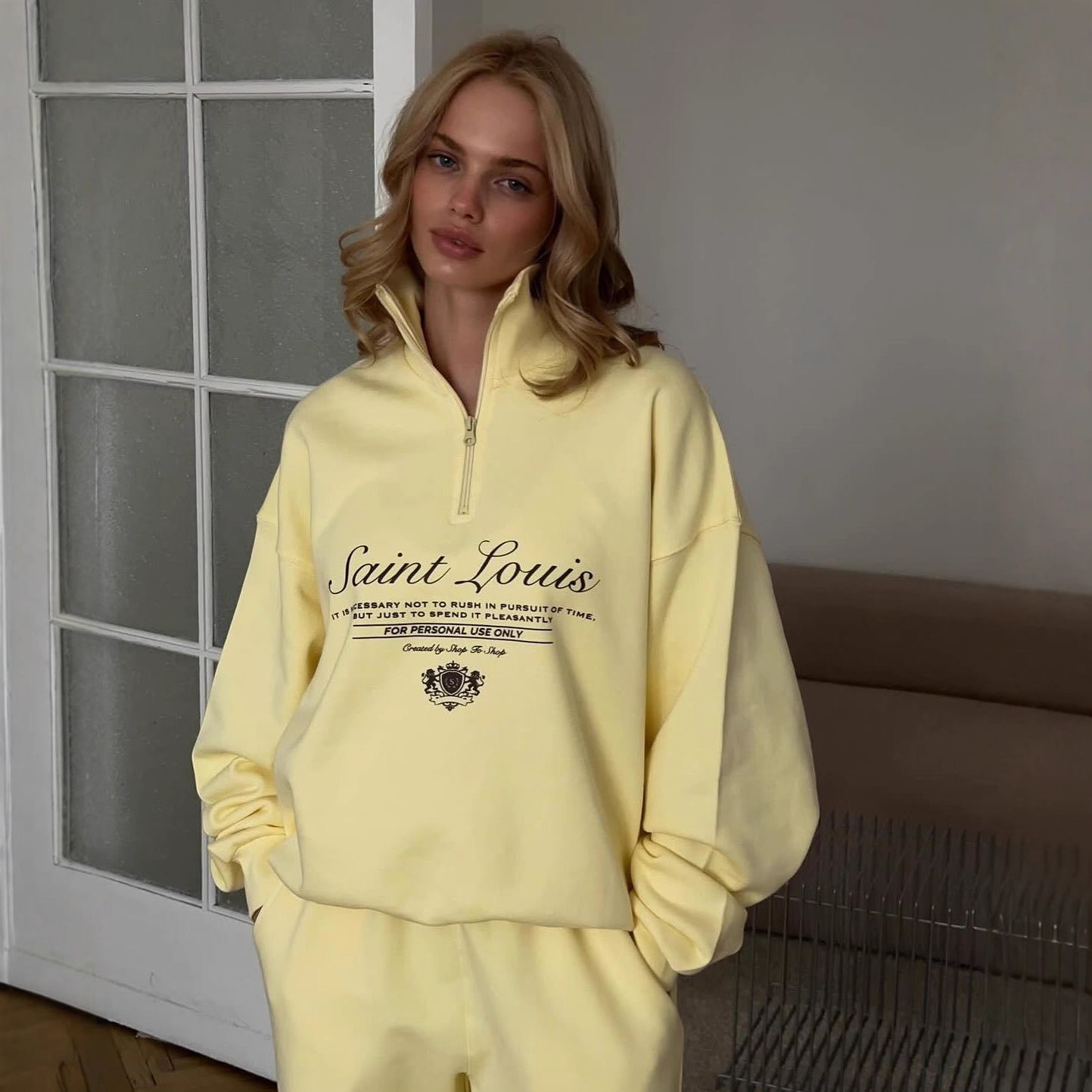 Unisex Oversized Letter Print Half-Zip Sweatshirt & Straight-Leg Joggers Set (95% Organic Cotton, Gender-Neutral Streetwear, Minimalist Aesthetic)_voghion.com