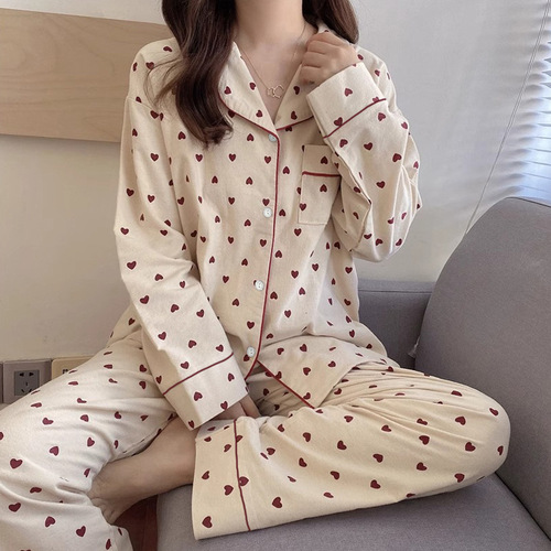 2024 Spring New Internet Celebrity Little Love Pajamas Women's Long Sleeve Cardigan Cartoon Home Clothes Set Live Delivery