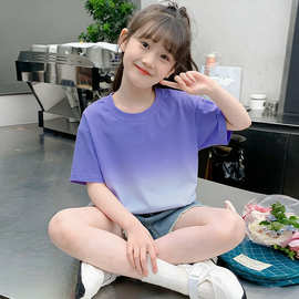 俏妮卡 童装纯色扎染女童短袖t恤衫夏季儿童宝宝半袖上衣班服批发