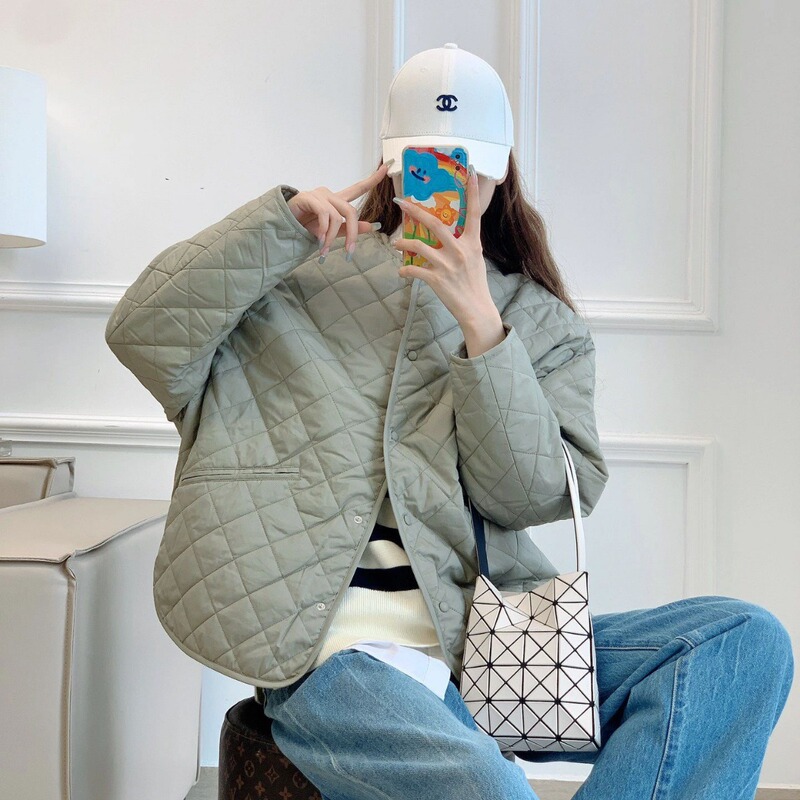 26 Years New Model Matcha Green Diamond Pattern Loose Round Neck Quilted Jacket Casual Style Round Neck Thick Cotton Coat for Women