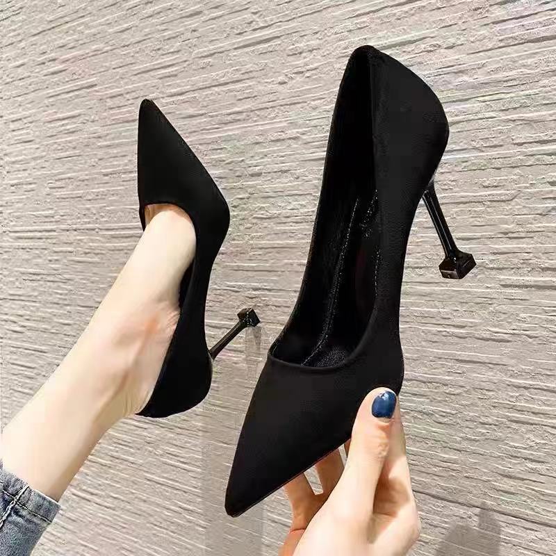 High-heeled shoes graduation black women's 2023 spring stiletto suede single-layer shoes velvet interview formal dress professional students etiquette shoes