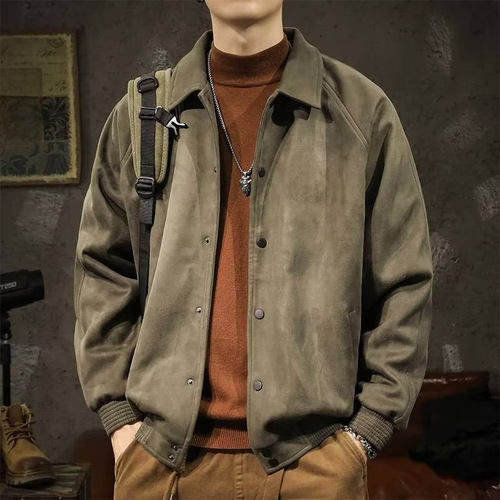 Spring and Autumn American Retro Calfskin Collar Baseball Jacket for Men Loose Casual Jacket Versatile Trendy Outerwear Top