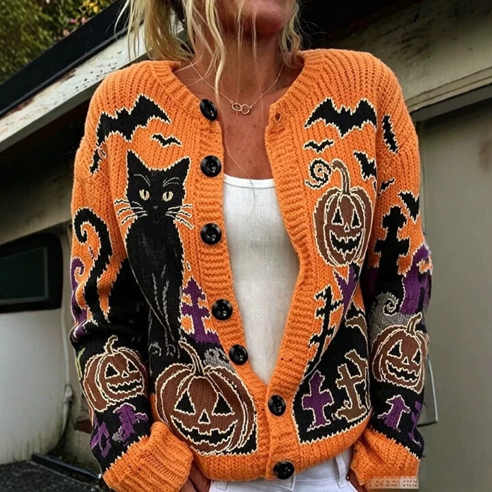2026 Cross-Border Amazon Autumn New Faux Wool Cardigan for Women with Halloween Pumpkin and Ghost Print Ladies' Top 2026 Cross-Border Amazon Autumn New Faux Wool Cardigan for Women with Halloween Pumpkin and Ghost Print Ladies' Top