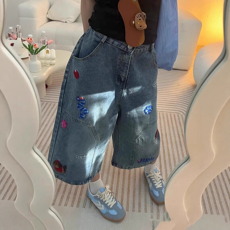 2026 Plus-Size Cute Design Denim Capri Pants for Women, New Summer Wide-Leg Loose Straight Pants