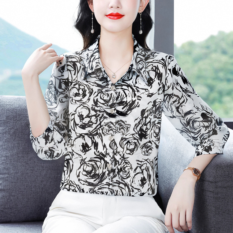 品牌桑蚕丝衬衫女2025新款优雅气质妈妈上衣宽松显瘦女装真丝上衣