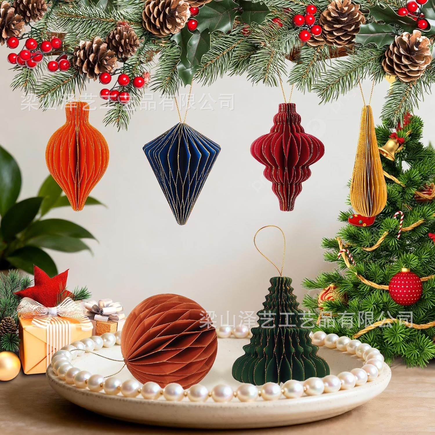 跨境圣诞树装饰蜂窝球灯笼折纸挂件结婚家居布置挂饰酒红色圣诞球