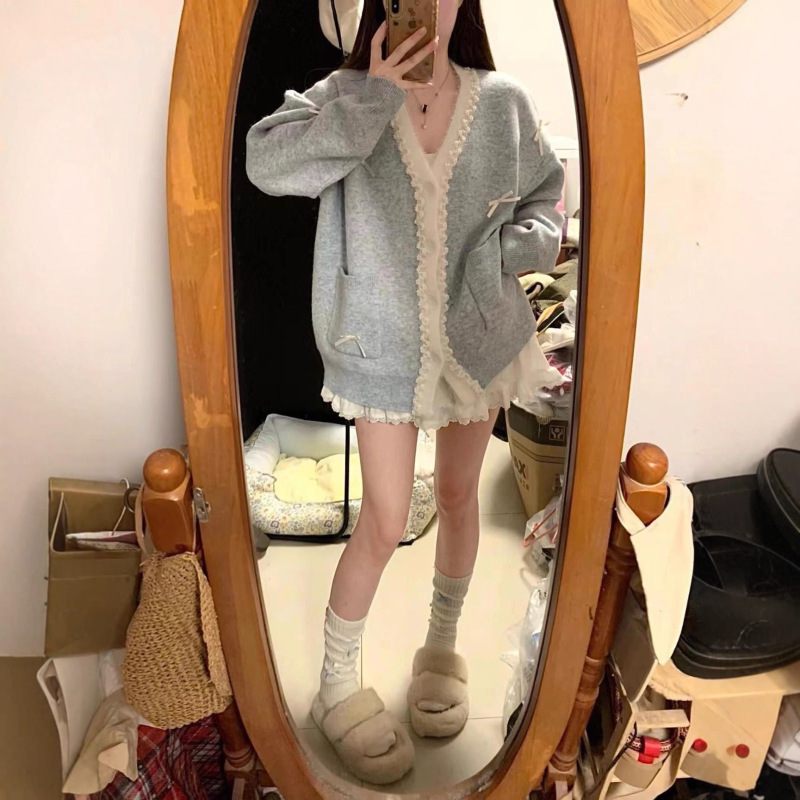 毛衣开衫外套女蝴蝶结2025秋冬季韩系穿搭宽松慵懒风针织衫上衣女|undefined