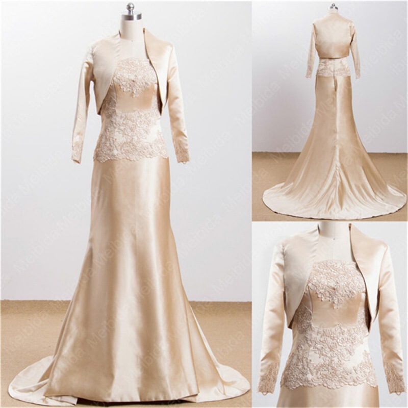 European and American Style Long Champagne-Colored Foreign Trade Mother-Of-The-Bride Satin Dress Evening Gown Bridal Wedding Dress Matching Outfit