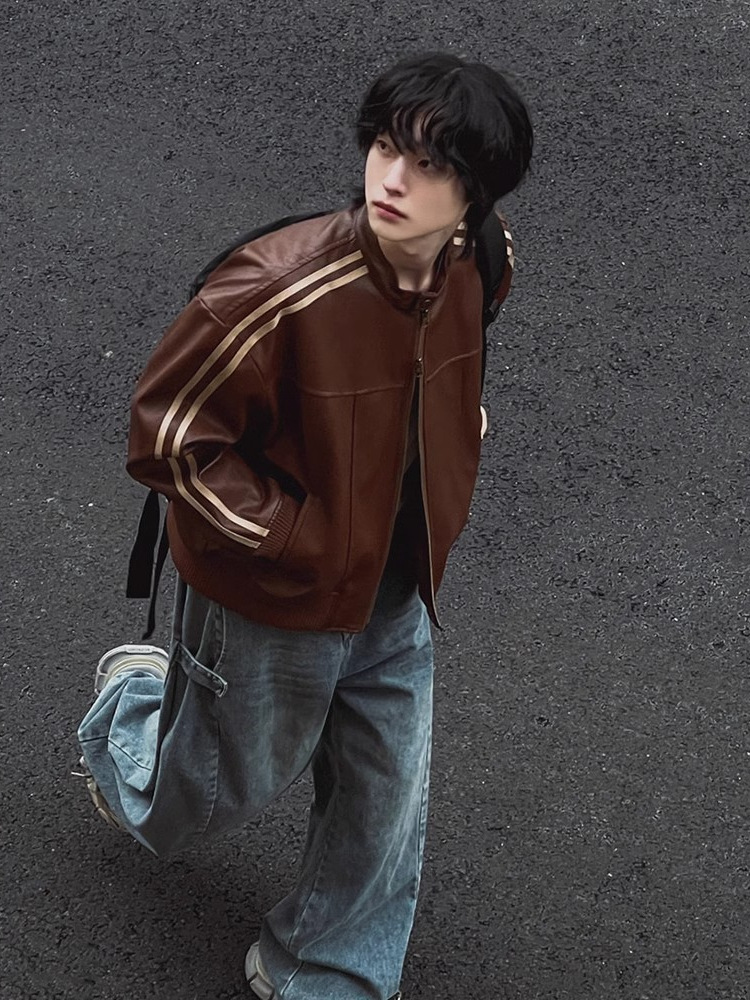 美ラード風皮上着男性春秋ゆるい立襟上着韓国版トレンド機関車革ジャケット潮